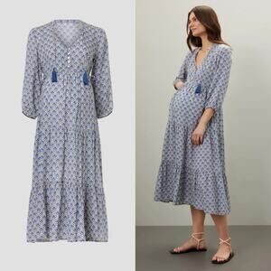 Ripe Mila Maternity Dress Geo Print Longline Tiered Midi Natural Petrol Blue XL
